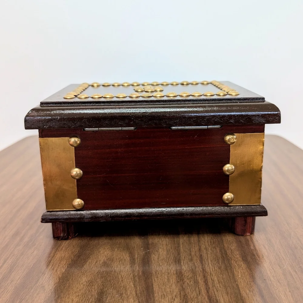 Vintage Dark Red Brown Mahogany Color Wooden Box With Gold Tone Brass Details